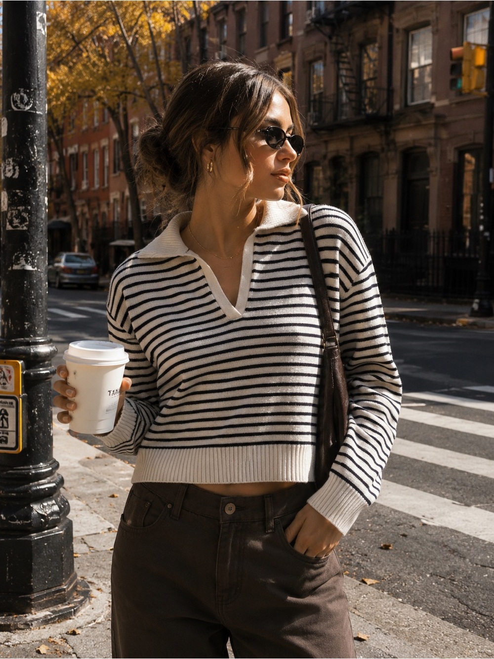 Edikted Cream and Black Striped V-Neck Cropped Sweater